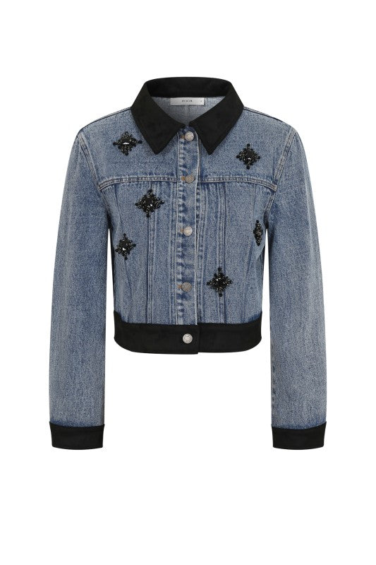 Black Floral Embellished Denim Jacket