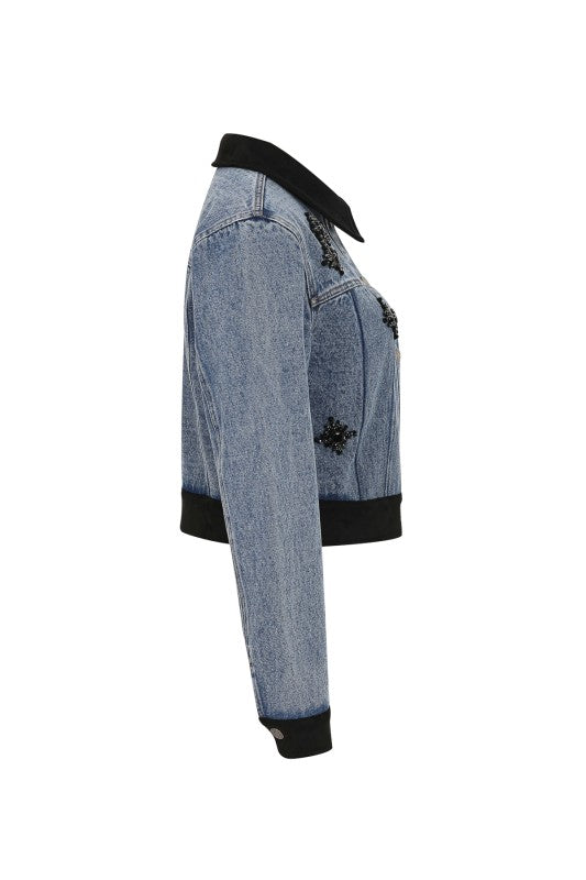 Black Floral Embellished Denim Jacket